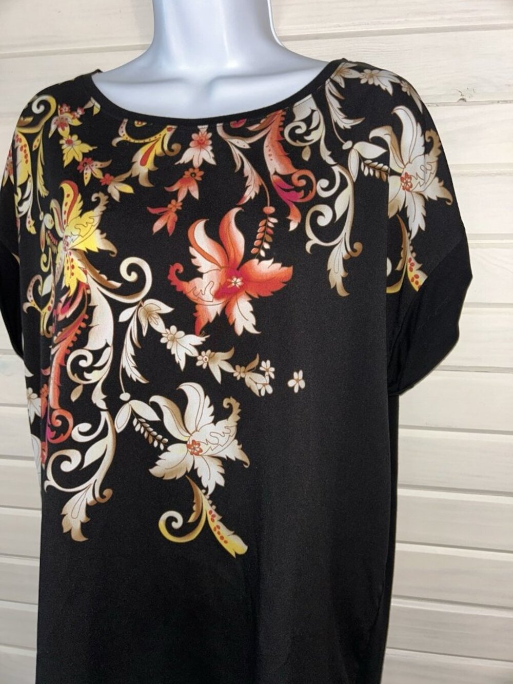 CHICOS Sz 2 (LARGE) Black Floral Woven Front Knit Back S/S Tunic Top EUC
